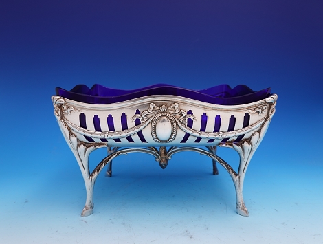 Footed Bowl with cobalt glass liner, frame appears to be silver on copper and is unmarked, 8 1/2